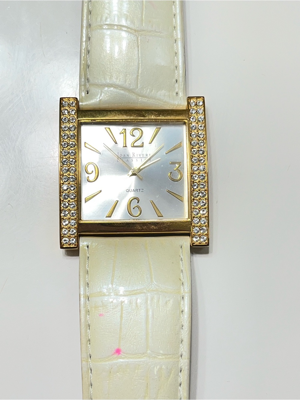 Joan Rivers Gold-Tone Square Watch with White Leather Strap and Crystal Trim